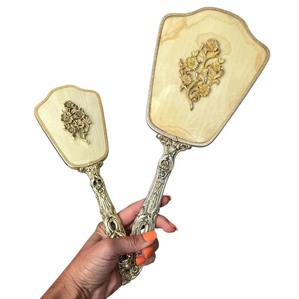 Vintage Matson? Vanity Hair Brush Hand Mirror Hollywood Regency Floral FLAWED